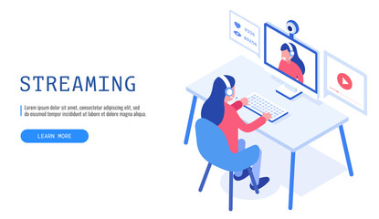 Wall Mural - concept of video blogging. woman sitting in front of computer and streaming online. web banner. vect