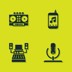 Sticker - Set DJ remote and mixing music, Microphone, Music recording studio and player icon. Vector