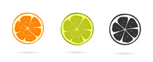 Citrus Orange And Lime Fruit Half Slice Vector Icon Isolated Flat Graphic Cartoon Illustration, Black And White Grapefruit Pictogram Simple Shape Silhouette Clipart Image Set
