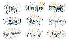 Joyful Lettering. Congratulations Text, Cheers And Hooray Calligraphic Inscription. Congrats, Enjoy And Woo Hoo Template With Rays And Sparkles Vector Set