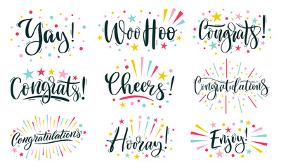 Joyful lettering. Congratulations text, cheers and hooray calligraphic inscription. Congrats, enjoy and woo hoo template with rays and sparkles vector set