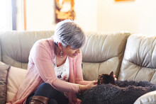 Senior Woman Patting Her Cat On The Lounge In Her Home