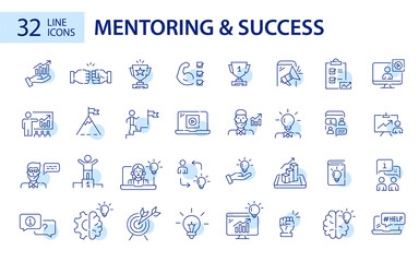 Set of 32 mentoring, coaching and success strategies line art icons. Pixel perfect, editable stroke