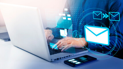 Businessman use email to receive and send business information, storage systems and use of communication technology.