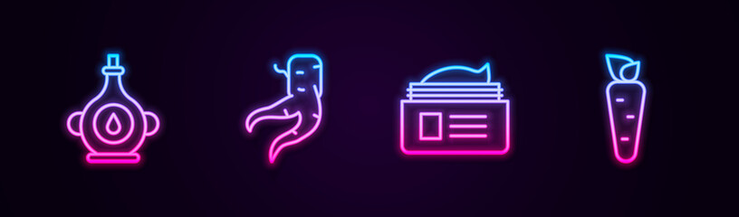 Set line Oil bottle, Ginger root, Ointment cream tube and Carrot. Glowing neon icon. Vector