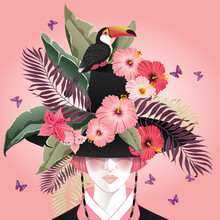 Vector Illustration Of A Woman Wearing A Gat, Korea Traditional Hat Decorated With Flowers And A Bird. Design For Banner, Poster, Card, Invitation And Scrapbook	