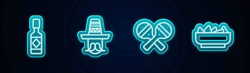 Sticker - Set line Tabasco sauce, Mexican man sombrero, Maracas and Nachos in bowl. Glowing neon icon. Vector