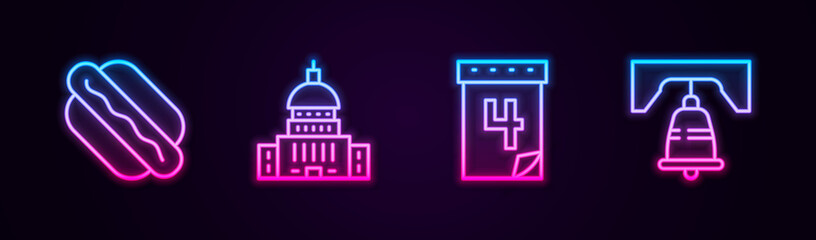 Sticker - Set line Hotdog sandwich, White House, Calendar with date July 4 and Liberty bell in Philadelphia. Glowing neon icon. Vector