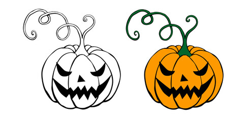 Vector simple scary spooky smiling Halloween pumpkin isolated. Jack o Lantern. Two variants - black contour for coloring in doodle style, color flat drawing. Traditional decoration symbol of holiday