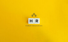 HR (Human Resources) Banner and Concept. Text on Block Letter Tiles on Yellow Orange Background. Minimal Aesthetics.