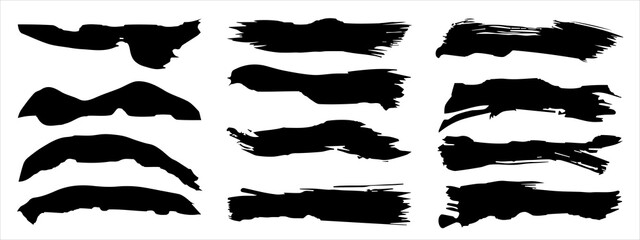 Wall Mural - Vector collection of artistic grungy black paint hand made creative brush stroke set isolated on banner background. A group of abstract grunge sketches for design education or graphic art decoration