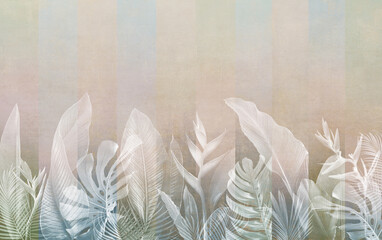tropical wallpaper with leafs and plants on grunge background. design for wallpaper, photo wallpaper