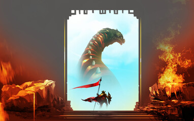 Digital illustration painting design style a dragon slayer standing in front of cave of dragon.