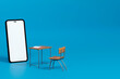 Chair, desk, mobile phone on blue background. 3d illustration
