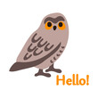 vector owl cute big eyes wing vintage funny  child on white brown yellow illustration greetings hello word