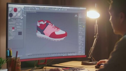 Over The Shoulder View Of Male Footwear Designer Rotate 3D Model Of Shoe And Change Colours On It While Working On A Desktop At Home. Shoe Production Procedure Concept 
