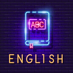 Wall Mural - English lesson vector glowing icon. ABC-book neon sign.