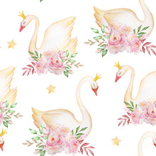 Seamless Pattern Of Watercolor Swans And Bouquets Of Roses