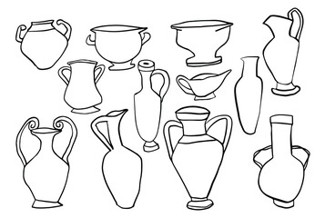 Wall Mural - Set of doodle line art ancient Greek vases and pottery illustration isolated on white background