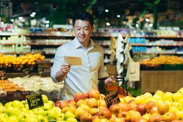 young asian man chooses and picks in eco bag apple fruit or vegetables in the supermarket. male customer standing a grocery store near the counter buys and throws in a reusable package in market