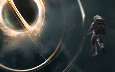 Wall Mural - 3d render of astronaut looks at black hole and event horizon. 5k realistic science fiction art. elem