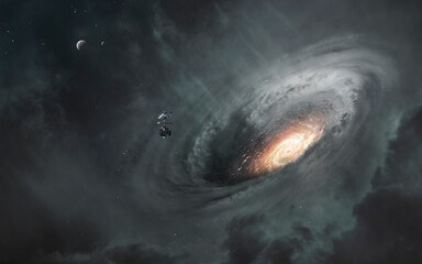 Wall Mural - 3d illustration of black hole absorbing light in deep space. 5k realistic science fiction art. eleme