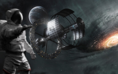 Wall Mural - 3d illustration of space station in deep space. 5k realistic science fiction art. elements of image 