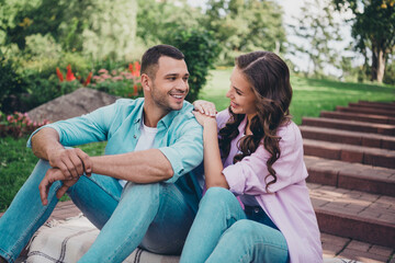 Poster - Photo of two peaceful idyllic partners sitting stairs hug look each other enjoy warm weather outside