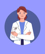 Avatar of doctor. Young woman in white coat holds stethoscope in her arms crossed over her chest. Illustration for medical site, online appointment with physician. Character vector illustration. 