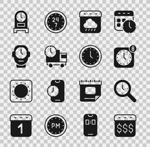 Set Payday, Calendar With Dollar, Magnifying Glass Clock, Alarm App Mobile, Calendar Autumn, Delivery Truck And Time, Clock, Antique And Icon. Vector