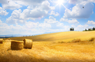 Wall Mural - Italy summer or autumn golden countryside landscape, Wheat Straw Bales and farmland over sunset sky