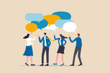 Fototapeta  - Discussion, conversation or brainstorming for idea, meeting, debate or team communication, colleague chatting, opinion concept, business team coworker discussing work in meeting with speech bubbles.