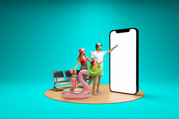 Wall Mural - Happy family booking summer vacation trip using 3d model of phone with empty white screen isolated on blue background. New app, holiday, travel, ad concept