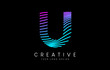 © twindesigner - Warp Zebra Lines Letter U logo Design with Neon Purple Lines and Creative Icon Vector