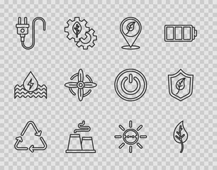 Poster - Set line Recycle symbol, Leaf or leaves, Location with leaf, Factory, Electric plug, Wind turbine, Solar energy panel and Shield icon. Vector