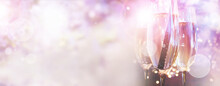Wedding Champagne On Tender Pink Bokeh Background. Horizontal Close-up For A Wedding Concept With Space For Text.