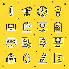 Sticker - Set line Audio book, Online class, Exam sheet with plus grade, Clock, Table lamp, Marker pen and Graduation cap speech bubble icon. Vector