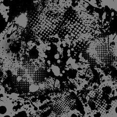 Grunge spots hand drawn vector seamless pattern. Ink dirty circles texture. Black paint dry brush splodges, blotches background. Abstract rough blots, splotches backdrop. Wrapping paper design.