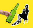 © master1305 - Contemporary art collage with young girl sitting on chair alone over yellow background. Concept of festival, party, beer, drinks and holidays.