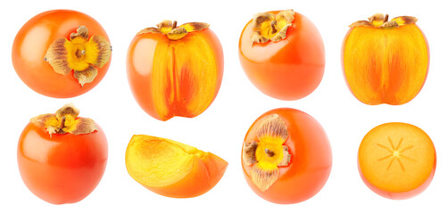 Leinwandbilder - Isolated persimmons. Collection of whole and cut persimmon fruits isolated on white background