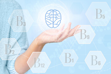 B vitamins icons written on virtual digital screen. Supplements and health care.