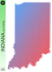 Wall Mural - Dotted map of the state of Indiana in the USA, from circles placed in hexagons. Scaled 50x50 elements. With rough edges from a color gradient and a smooth gradient from one color to another.