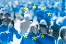 Crowd Of People At The City And Flag Of EU, Concept Political Picture