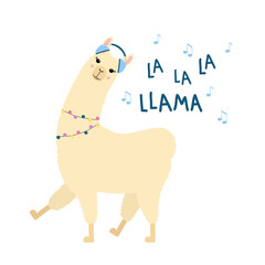 Cute llama walking. Cartoon alpaca with earphones and music notes. Template for nursery design, poster, stationery, t shirt print.