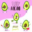 Vector set of five cartoon avocado characters with different emotions and musical instruments, with a cocktail or smoothie. For summer cafe, summer sale, birthday. Children concept.