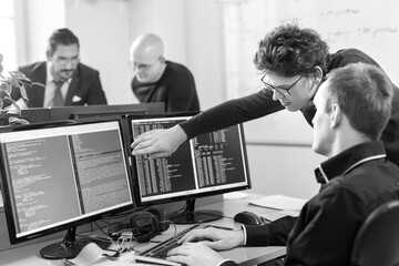 Wall Mural - startup business problem solving. software developers working on desktop computer.