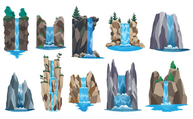 waterfalls set. cartoon landscapes with mountains and tree. river falls from cliff on white backgrou