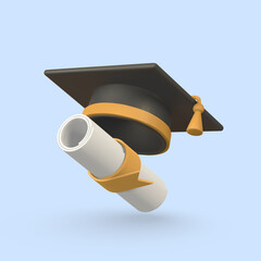 Cute cartoon graduation cap and diploma. Education, degree ceremony concept. Vector illustration