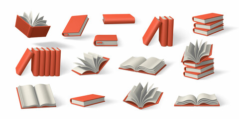 Set of 3d cute cartoon books. Realistic bookss with shaddow. Education and online class concept. Vector illustration