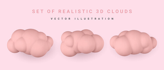 Wall Mural - 3d red clouds. set of round cartoon fluffy clouds isolated on a light red background. vector illustr